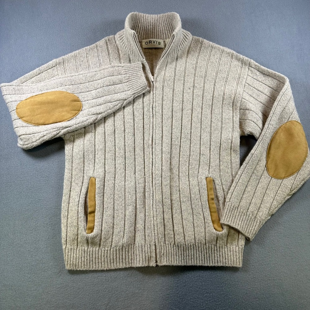 Orvis Mens Wool Blend Full Zip Ribbed Cardigan Sweater Elbow Patches Beige M VTG